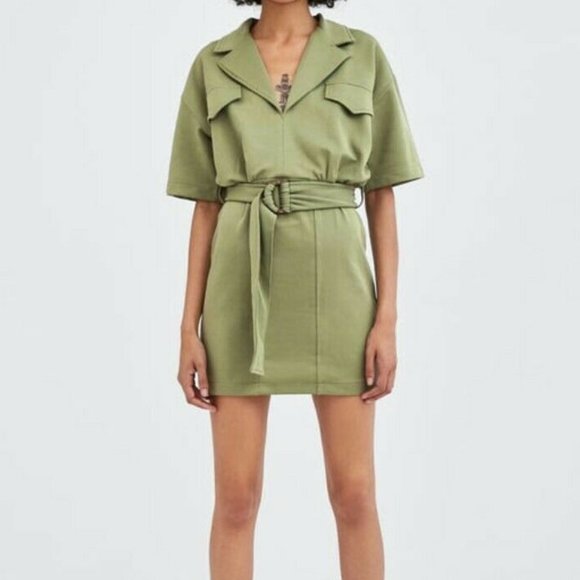 zara green belted dress